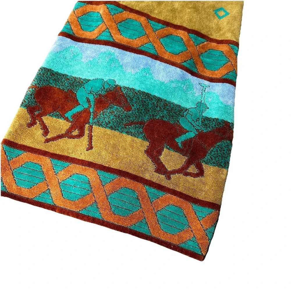 Vintage Royal Terry‎ Beach Towel 66x38.5 Polo Horse Scene Equestrian
